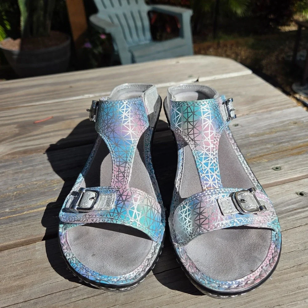 Alegria LAR620 Lara Pretty Baby Rainbow Silver Leather Sandals‎ Women 6-6.5 36